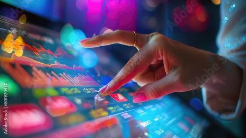 Close-up of businesswoman's hand pressing a touchscreen displaying financial data