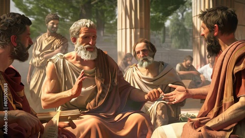 Ancient Greek philosophers discussing at philosophy school photo