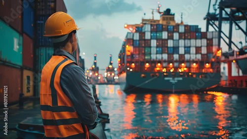 A shipyard worker looking at a docked container ship photo