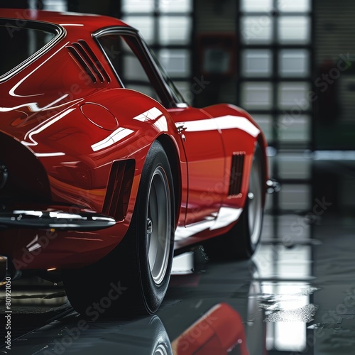 Red vintage sports car parked under soft gray light in a garage, focusing on the reflection on the polished surface, perfect for car photography portfolios photo