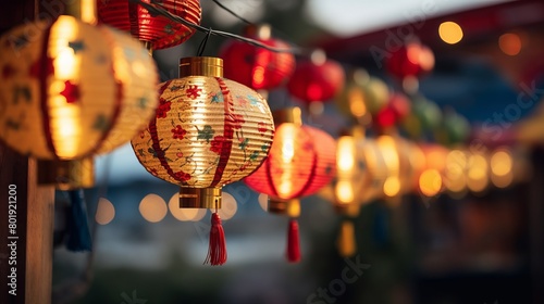 Bright festive lanterns strung up close up photo