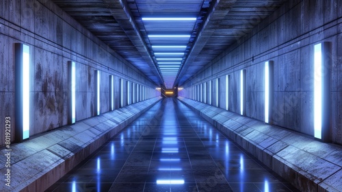 Sci-fi corridor with a futuristic look, featuring grunge concrete walls, reflective tiled flooring, and blue-white glowing windows, perfect for conceptual architecture presentations