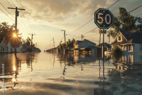 A speed limit sign partially submerged in floodwaters, with a residential area in the United States flooded.

 photo