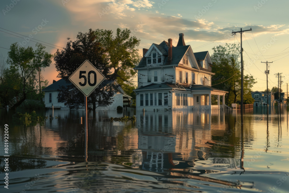 Naklejka premium A speed limit sign partially submerged in floodwaters, with a residential area in the United States flooded.