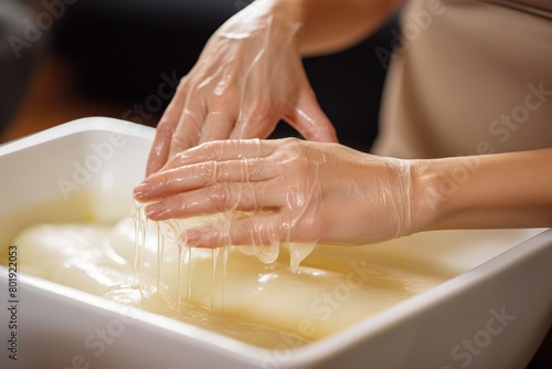 Hands receiving a professional paraffin wax treatment for ultimate softness photo