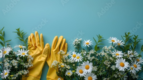 Spring Cleaning Essentials on a Blue Background Generative AI photo