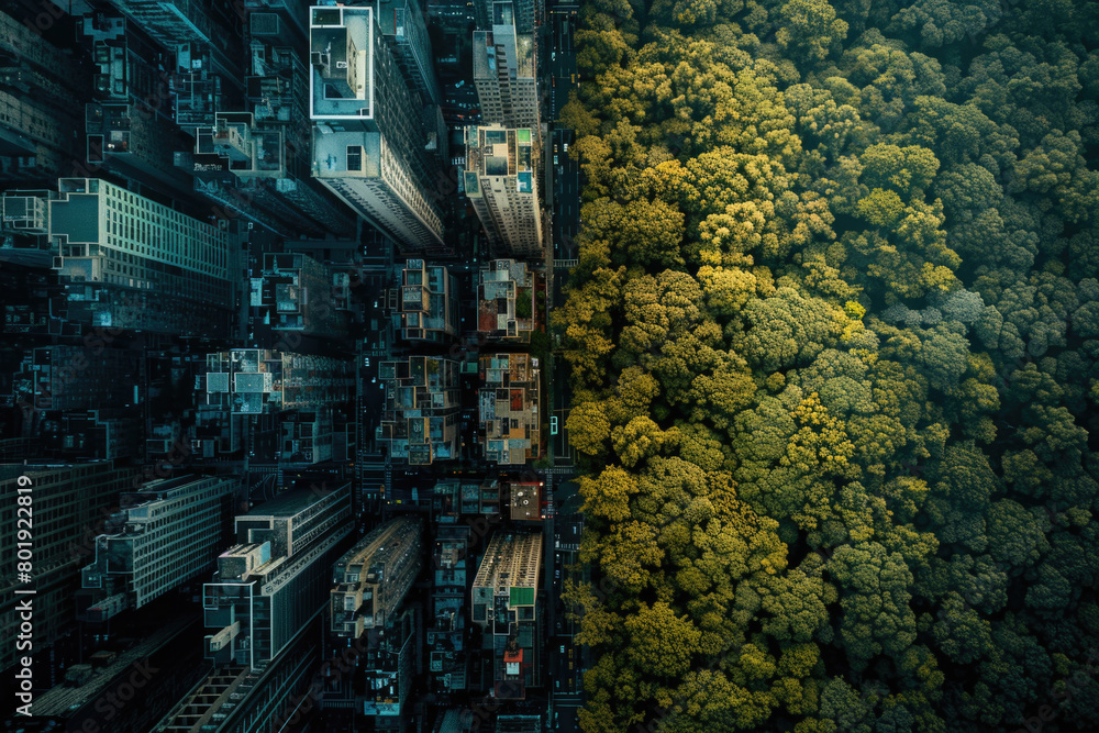A modern city green concept where skyscraper balconies are adorned with lush green plants.