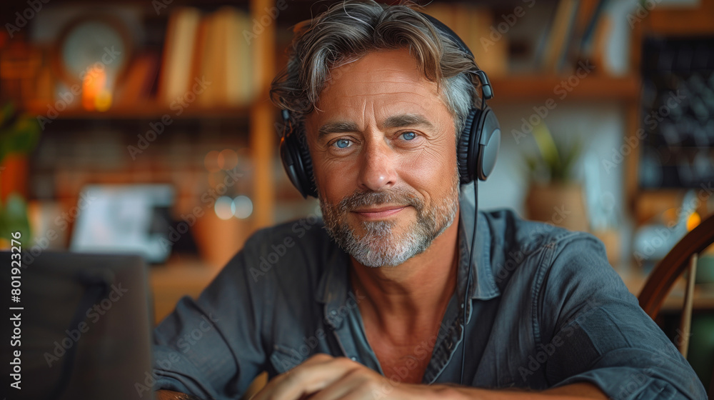 Obraz premium A man wearing headphones and smiling. He is wearing a black shirt and a gray beard. He is sitting at a table with a laptop. a middle aged person whit headphones over head and wearing in black shirt