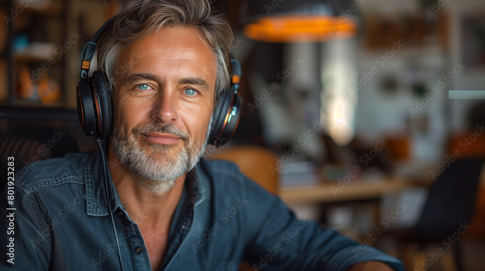 A man wearing headphones and smiling. He is wearing a black shirt and a gray beard. He is sitting at a table with a laptop. a middle aged person whit headphones over head and wearing in black shirt A man wearing headphones and smiling. He is wearing a black shirt and a gray beard. He is sitting at a table with a laptop. a middle aged person whit headphones over head and wearing in black shirt