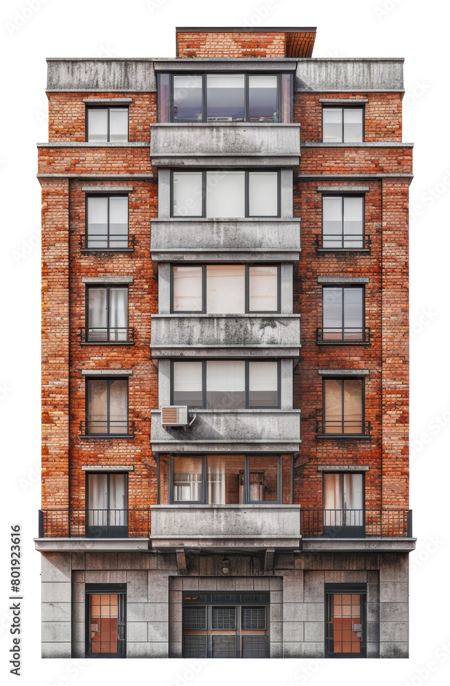 Contemporary brick apartment building with concrete elements, cut out - stock png.