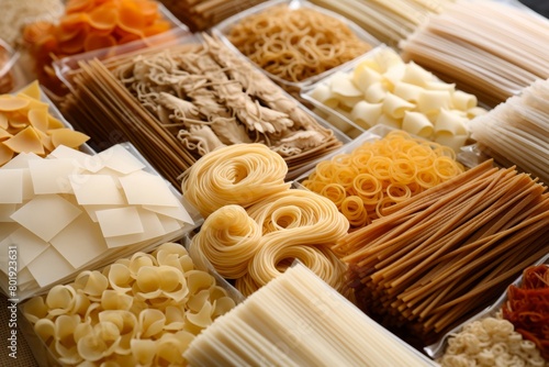 Various types of alternative noodles, such as buckwheat, konjac, tofu, and soy, both packaged and unpackaged, highlighting their natural and healthy appearance