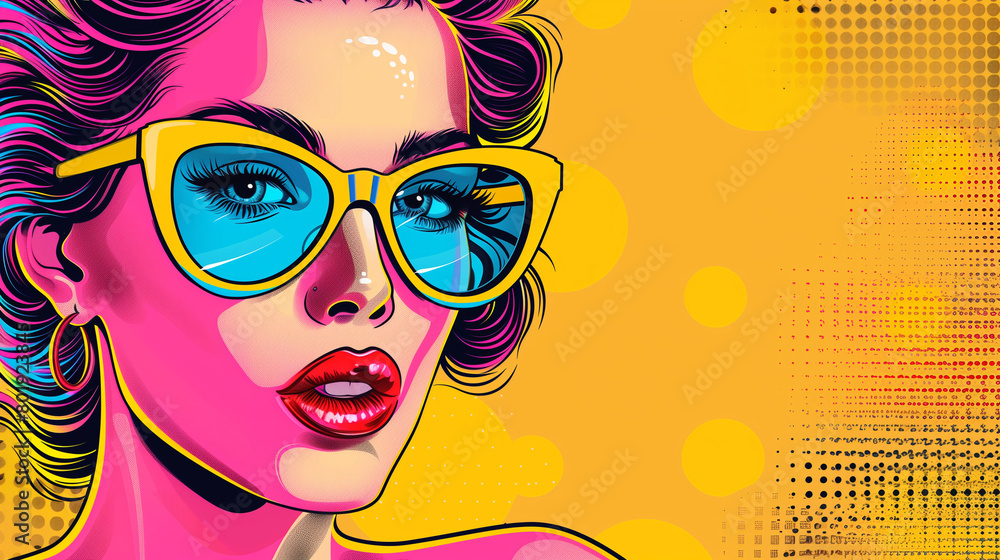 pop art image of a young woman with glasses on a multicolored background