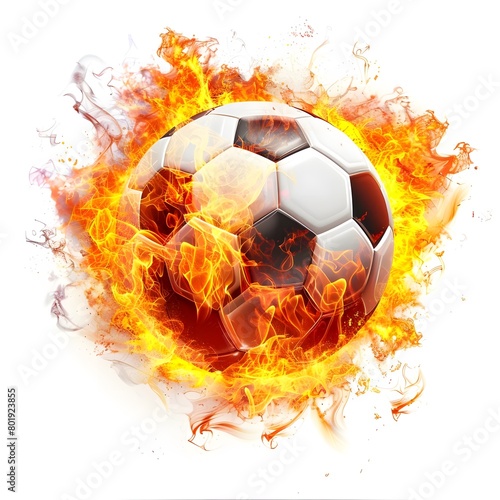 Flaming soccer ball flying through the air, surrounded by vibrant flames, isolated on a white background.