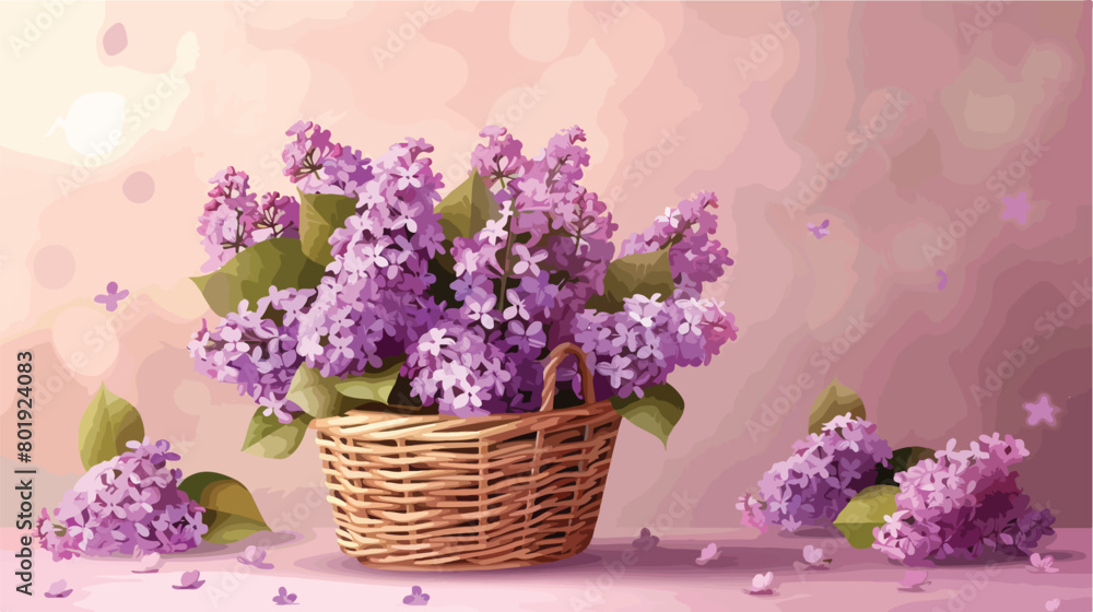 Basket with beautiful lilac flowers on table against