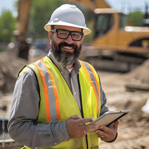 A smiling bearded civil engineer, dressed in protective gear, stands on a sunny construction site, holding a tablet and surrounded by heavy machinery.
