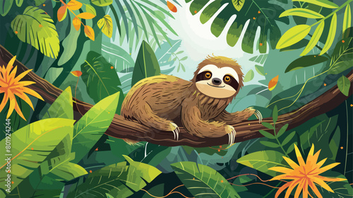 Sloth in the jungle scene Vector illustration. Vector