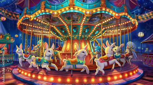 A magical carousel with rabbit figures under vibrant nocturnal lighting