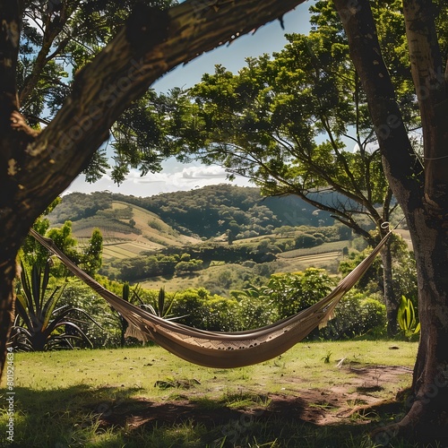 Peaceful countryside scene with a hammock between two trees  surrounded by lush greenery and rolling hills.
