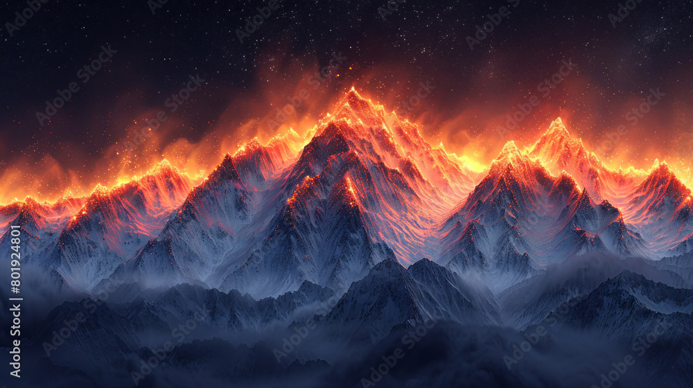 Fiery mountain peaks under starry night sky in winter