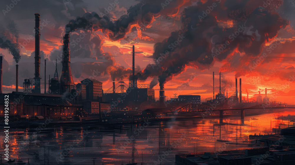 Industrial sunset over pollution-emitting smokestacks by the river