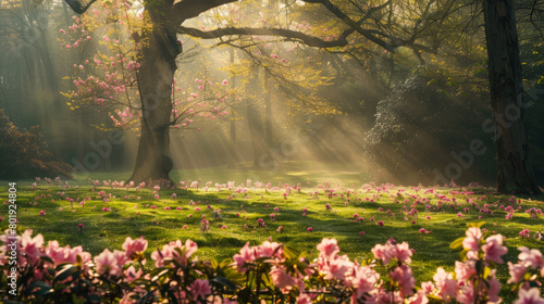 Sunlit spring morning in a park with blooming flowers and trees