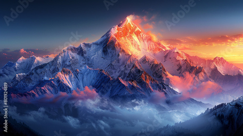 Sunset illuminating snow-capped mountain peaks with dramatic clouds