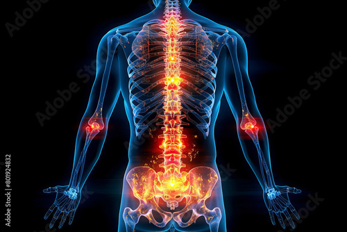 Medical illustration of back pain highlighted in a human body