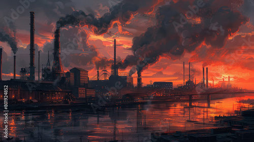 Industrial sunset over pollution-emitting smokestacks by the river