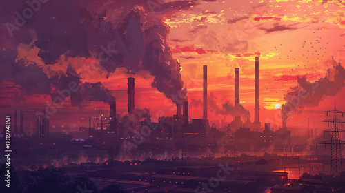 Industrial skyline at dawn with vibrant colors and emissions