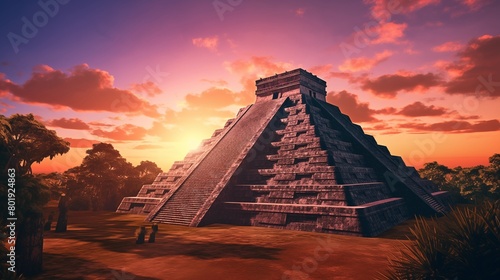 Beautiful Mayan pyramid complex at sunset with dramatic sky.