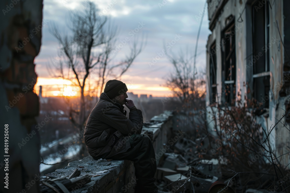 Fototapeta premium Man contemplating amidst war ruins during sunset