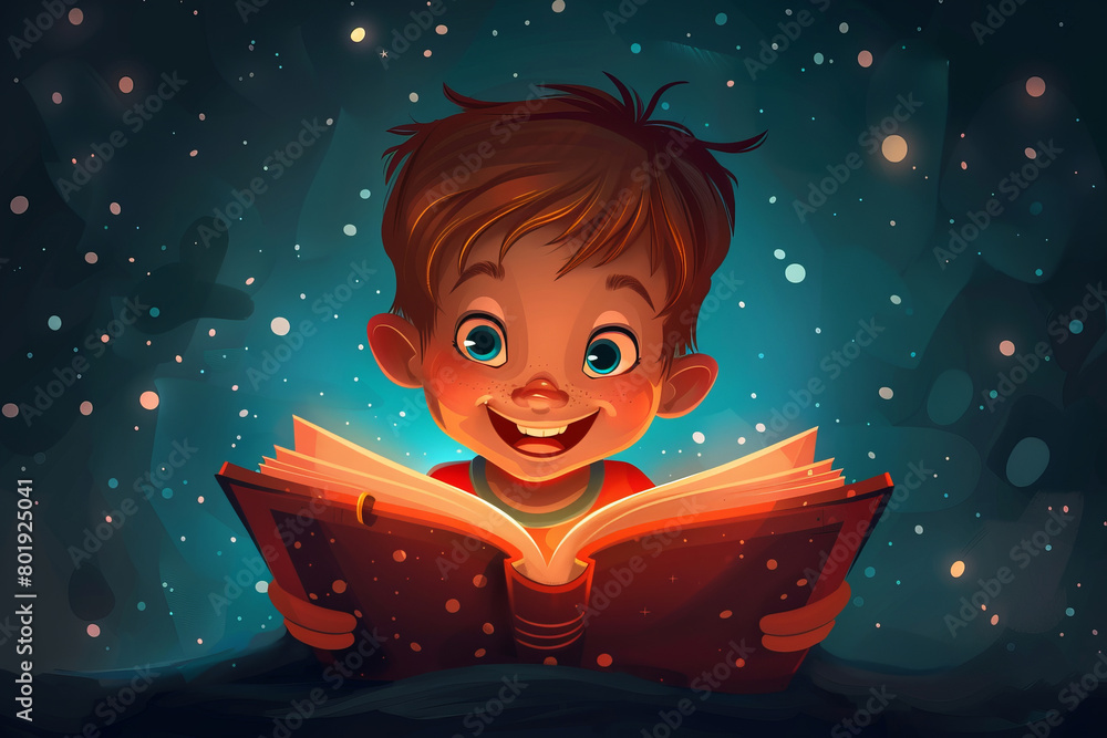 Fototapeta premium Enchanted little boy reading a magical book with glowing stars