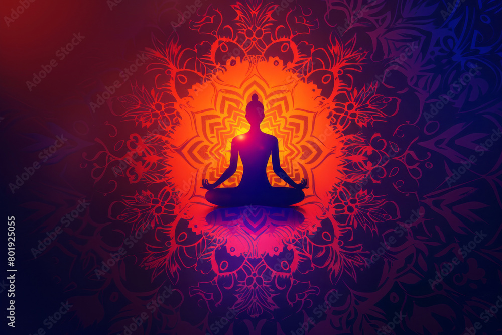 Silhouette of a person meditating in lotus pose with colorful mandala background Silhouette of a person meditating in lotus pose with colorful mandala background