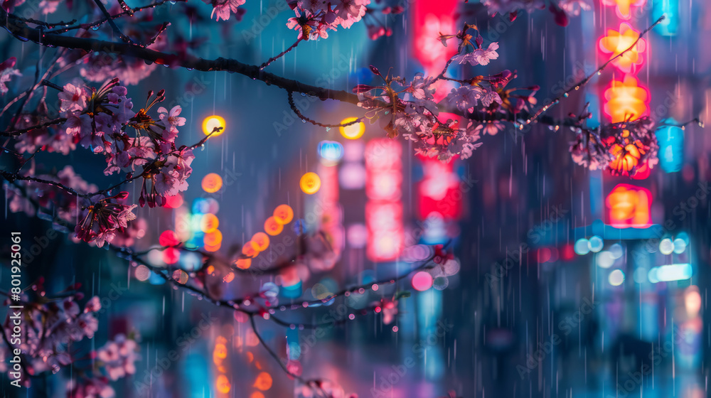 Neon-lit rainy cityscape with cherry blossoms at night Neon-lit rainy cityscape with cherry blossoms at night