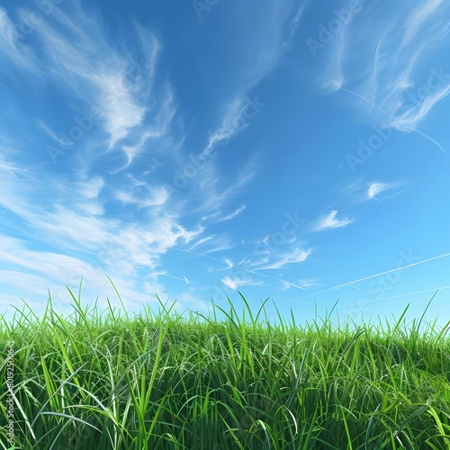 A peaceful 3D illustration of a green grass meadow under a bright blue sky.