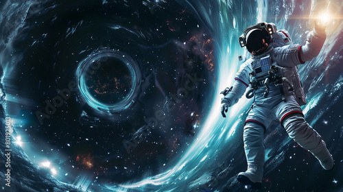 Astronaut in striking spacesuit approaching a black hole © standret