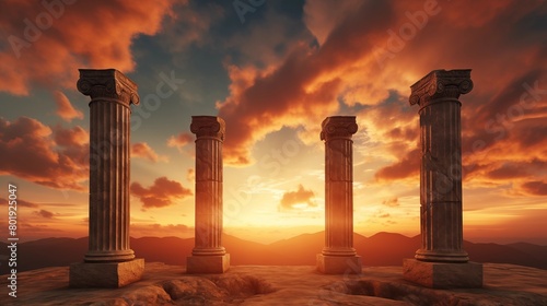 beautiful three ancient pillars with sunset sky background. photo