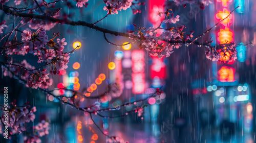 Neon-lit rainy cityscape with cherry blossoms at night
