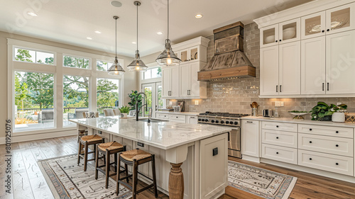 A budget-friendly kitchen with laminate countertops and simple white cabinets, warmed by the glow of pendant lights.