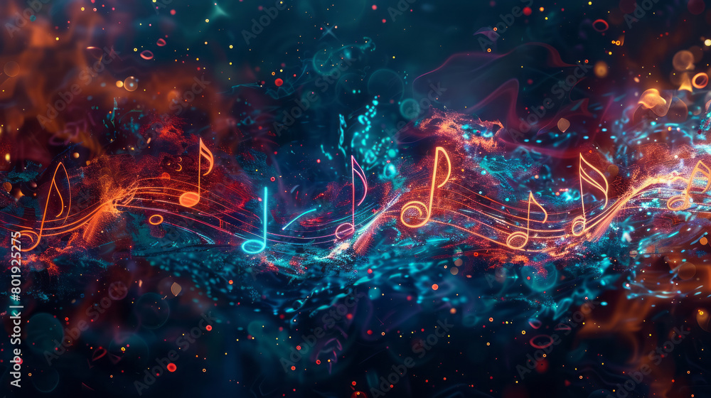 Vibrant musical notes floating in a mystical cosmic space Vibrant musical notes floating in a mystical cosmic space