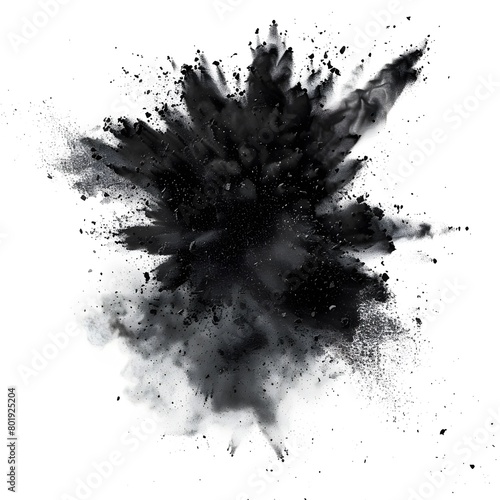 Explosion of black chalk pieces and dust, isolated on white background.