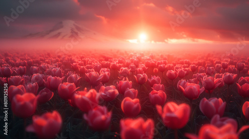 Sunset glowing over vibrant tulip field with scenic mountain backdrop