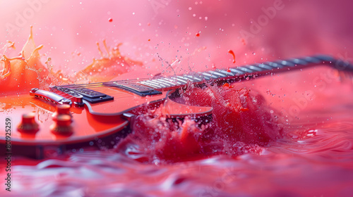Electric guitar immersed in vibrant red water with splashes