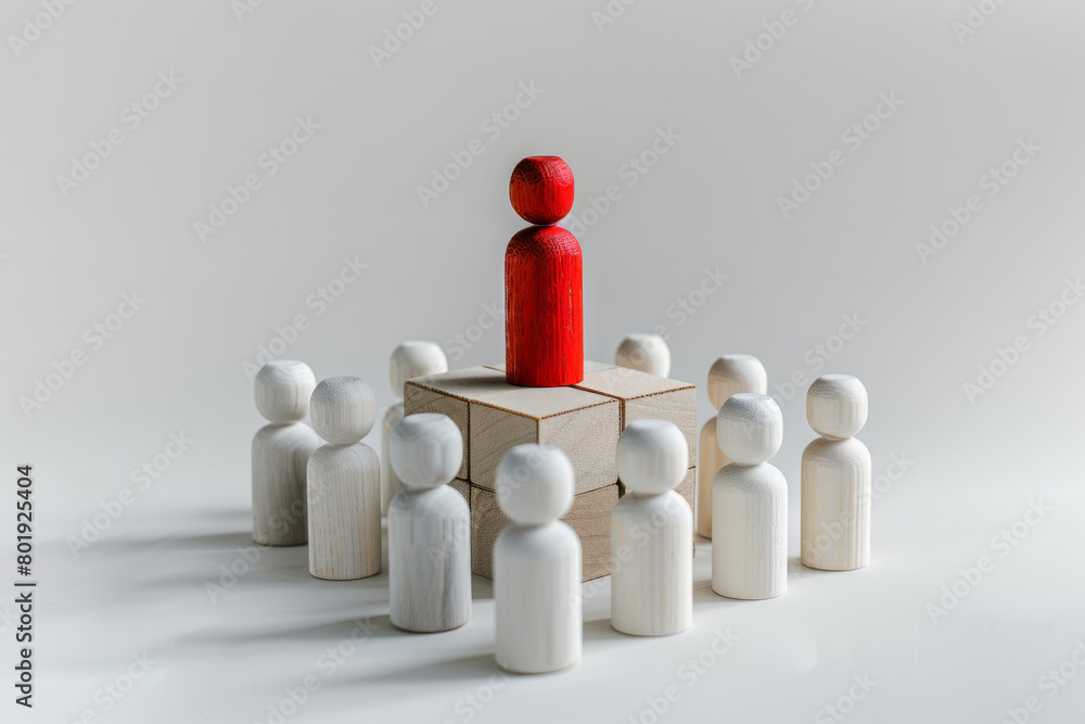 Red wooden figure standing above a group on a platform Red wooden figure standing above a group on a platform