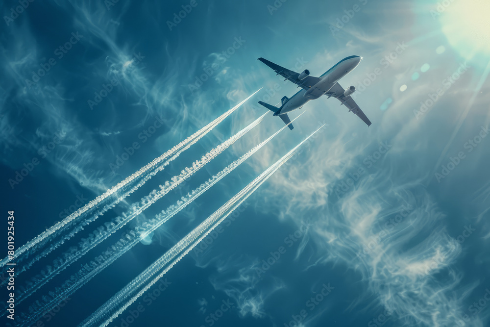 Naklejka premium Jet airplane with striking contrails in a vivid blue sky