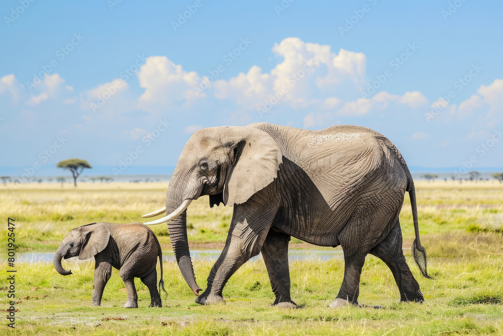 Fototapeta premium African elephants walking across grassy savannah. Mother and calf elephant in natural habitat with landscape of national park