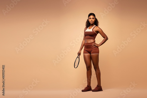 A beautiful ebony tennis player in a sporty slim top and shorts stands on a beige background with copy space.  © July P