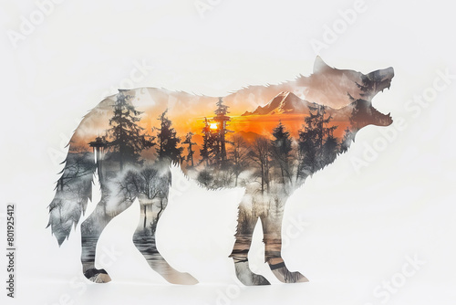Wolf silhouette with double exposure of Seattle sunset