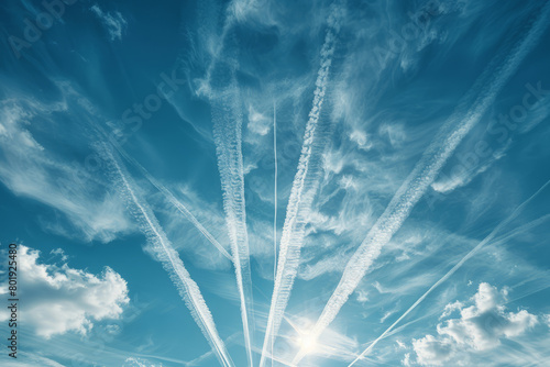 Stunning chemtrails crisscrossing in a vibrant blue sky photo