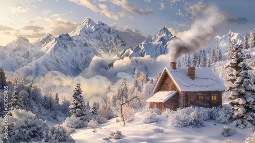 Craft a wide-angle scene featuring a cozy cabin nestled amidst snow-covered mountains, with smoke gently rising from its chimney, creating a heartwarming winter retreat © Kin no Hikari